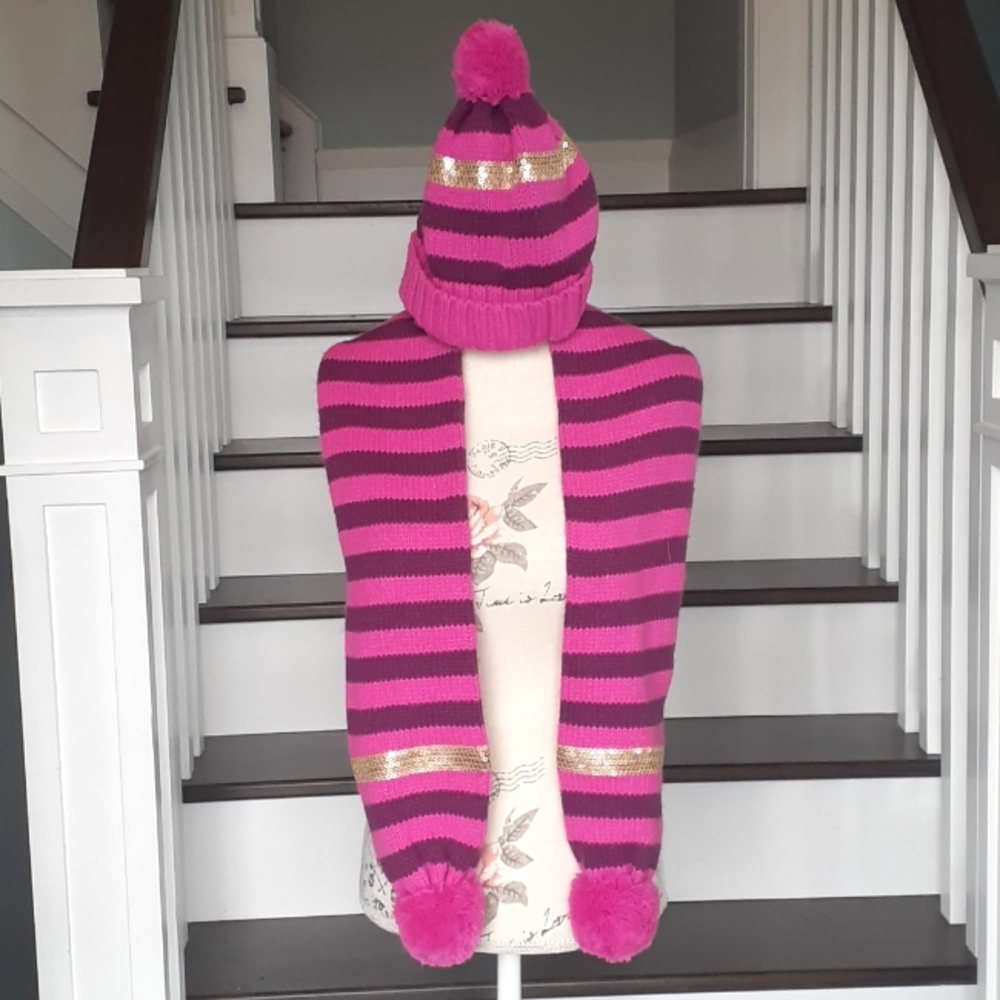 & Gymboree pink striped toque hat & scarf set featuring sequins!